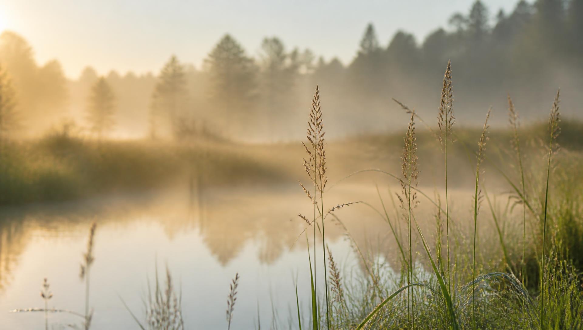 Morning light and mist over a quiet pond edged with tall grasses
